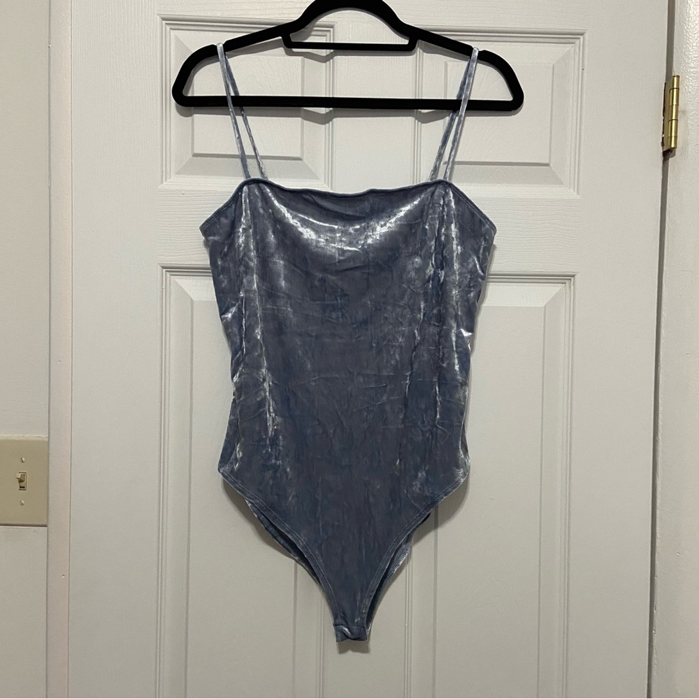 Forever 21 Light Blue Bodysuit, Spaghetti Straps, Faux Velvet, Size L